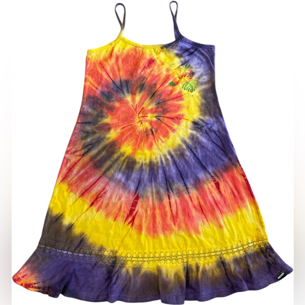 Women’s girls junior spaghetti strap embroidered hibiscus flower tie dye dress